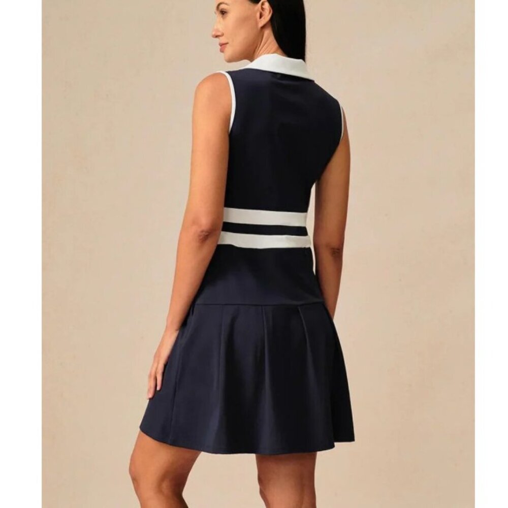 Acegolfs Navy core Sleeveless V-Neck Color Block Dress UPF50+ - Picture 3 of 9